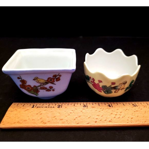 Porcelain Lillian Vernon Trinket Bowls Birds Flowers Yellow Blue Vintage Chinese - Picture 8 of 11